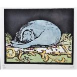 A framed colour block print of sleeping cat 40/250 signed J.H 39cm x 35cm