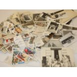 A BOX OF VINTAGE CIGARETTE CARDS AND PHOTOGRAPHS