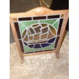 Oak Framed Stained Glass Ship Fire Screen 18 1/2 x 25 inches