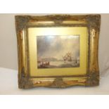 PICTURE OF A SHIP IN ROUGH SEAS IN AN ORNATE GILT FRAME 40CM X 35CM