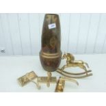 A FRENCH ART VASE WITH ART NOUVEAU DETAIL, BRASS ROCKING HORSE AND BRASS DOOR HANDLES