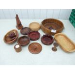TREEN BOWL WITH LION HEAD HANDLES PLUS OTHER TREEN ITEMS INCLUDING VASES BASES ETC