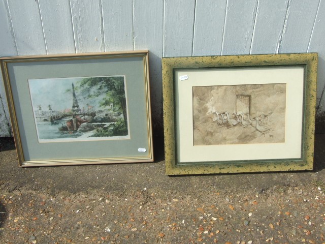 FRAMED PRINT OF PARIS (SIGNED) AND COLOUR WASH OF GEESE SIGNED DO**P