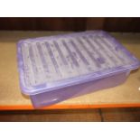 6 Purple Lidded Storage Boxes 23 x 15 inches 6 deep ( just lids are dusty as from under beds in