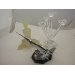 1930'S PRESSED GLASS FIGURE OF A DANCER, RAF DESK TIDY PLUS ONE OTHER