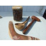 AN AFRICAN DRUM, A TRIBAL LADLE, A TRIBAL CLUB AND A BOOMERANG
