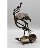 JAPANESE "BRONZE" COLOURED METAL FIGURE OF A CRANE AND TURTLE A/F