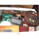 TRAY OF MISCELLANEOUS COLLECTABLES TO INCLUDE A SEWING BOX