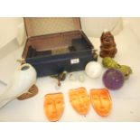 RETRO BLUE CASE WITH ASSORTED CHINA AND GLASS WARE TO INCLUDE BIRDS AND GLASS FACES/MASKS SPOON
