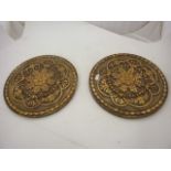 PAIR OF ORNATE ROUND GOLD COLOURED WALL HANGING PLAQUES 29 CM DIAMETER