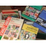 BOX OF ASSORTED BOOKS ON STAMPS TO INCLUDE STANLEY GIBBONS AND STAMP ALBUMS (EMPTY)