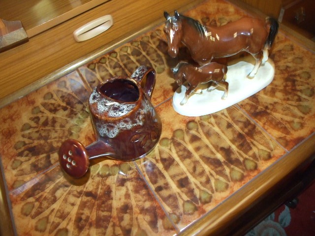 German Pottery Mare& Foal ( mare has tiny chip on ear ) & Kernewer Pottery Watering Can