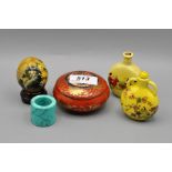 2 YELLOW BASED SCENT BOTTLES, ROUND POWDER BOX, MOTHER OF PEARL GAMING CHIP? AND PAINTED STONE EGG