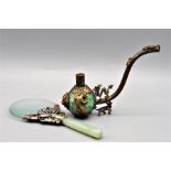 JAPANESE PIPE WITH GREEN MARBLE BOWL AND DRAGON DECORATION TOGETHER WITH WHITE METAL MOUNTED
