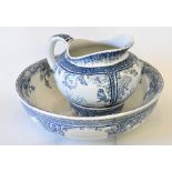 Normandy, France French three piece washing jug and two wash bowls set with a blue and white