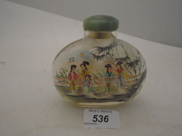 JAPANESE HAND PAINTED/ETCHED GLASS BOTTLE WITH STOPPER