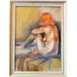 Ann Snow (British), life study of a female nude sat on a bed, pastel sketch glazed and frames 50 x