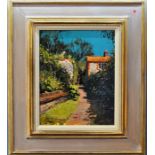 Jeremy Barlow ROI (Born 1945), Oil on North Norfolk village path framed in gilt frame 41cm x 48cm