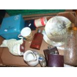 BOX OF MISCELLANEOUS COLLECTABLES TO INCLUDE COAL PORT AND HIP FLASKS