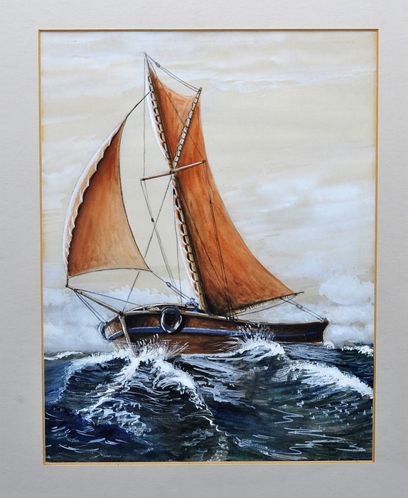 A framed seascape watercolour of a Thames Barge in rough seas glazed in gilt frame 33.5cm x 40cm