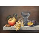 Brian Davis (British, 1942-2014), oil on canvas still life study of a wine glass grapes plums nuts