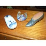 Delft Clogg , Glass Paperweight & Pewter Shoe Pin Cushion