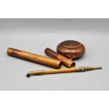 WOODEN AND METAL PIPE IN WOODEN CASE WITH FIGURE ON STEM PLUS TOBACCO BOX