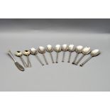 Silver set of 6 Grecian coffee spoons plus 3 similar tea spoons plus mustard sppons and a butter