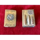 2 Trench Art Matchbox Covers , Lee Enfield Oiler & 2 X 20 mm Bullet Cases stamped TH 93 53 SAP IR