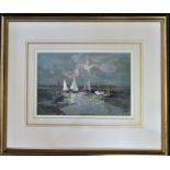 Gouache Seascape of North Norfolk estuary with sail boats at low tide signed Cox glazed and gilt