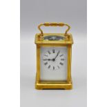 A French five-glass carriage clock, white enamel dial inscribed Roman numerals, swing carrying-