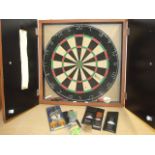 QUANTITY OF VINTAGE DARTS, FLIGHTS AND CASED DART BOARD