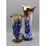 Pair of fine Royal Doulton Burslem blue and white iris vases with gilding, One with double handles