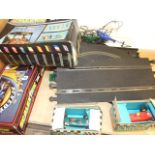 2 VINTAGE SCALEXTRIC TRI-ANG CARS WITH SCALEXTRIC TRACK, BUILDINGS ETC