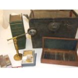 VINTAGE BRASS SLIDE VIEWER MICROSCOPE WITH QUANTITY OF BLOOD SLIDES (OVER 35), SOME IN A WOODEN