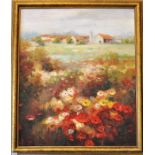 Oil on Canvas landscape of a poppy field and village scene framed 48cm x 67cm signed bottom left S L