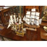 3 Wooden Model Galleons largest 11 inches wide 13 tall