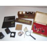 TEST KIT FOR METALS, SCALES, LOOP, BOX OF LOOSE STONES ETC