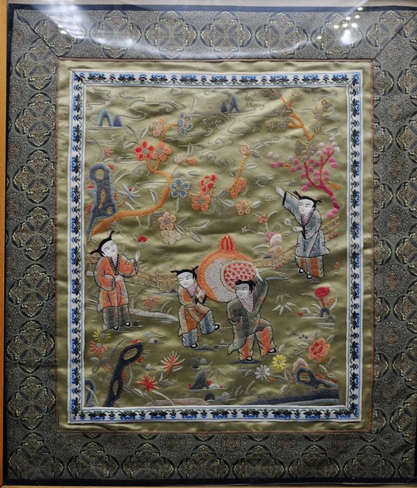 A detailed Chinese embroidered silk Picture glazed and framed 38cm x 44cm plus a silk embroidered