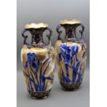 Pair of Royal Doulton Burslem blue and white iris double handed vases with gilding, 28 cm tall. in