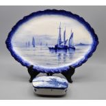 Royal Crown Derby oval dish blue and white sail boats scalloped edge CR.1898 marked 897/4613 (