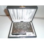 A CASED FLORAL INLAID BOX IN A FITTED SILK LINED LEATHER BOX