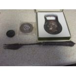 Silver Handled Pickle Fork , Bottle Opener , Jubilee Crown & Weight