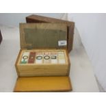 WOODEN MICROSCOPE SLIDE BOX WITH SOME SLIDES PLUS ONE OTHER WOODEN BOX