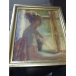 Oil on board in the Manner of Bernard Dunstan Lady sitting by window. Signed bottom left BD 50 x