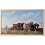 A framed lithograph of a ploughing team of four horses signed F Patton 1887 84cm x 23cm