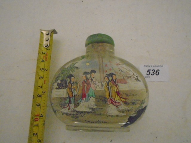 JAPANESE HAND PAINTED/ETCHED GLASS BOTTLE WITH STOPPER - Image 3 of 3