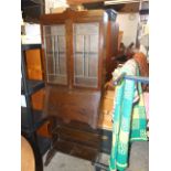 Oak Bureau Bookcase with Lead Glazed Doors 66 inches tall 2 ft wide