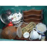 BOX OF ASSORTED CHINA, THIMBLES ETC