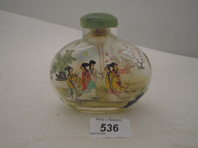 JAPANESE HAND PAINTED/ETCHED GLASS BOTTLE WITH STOPPER - Image 2 of 3